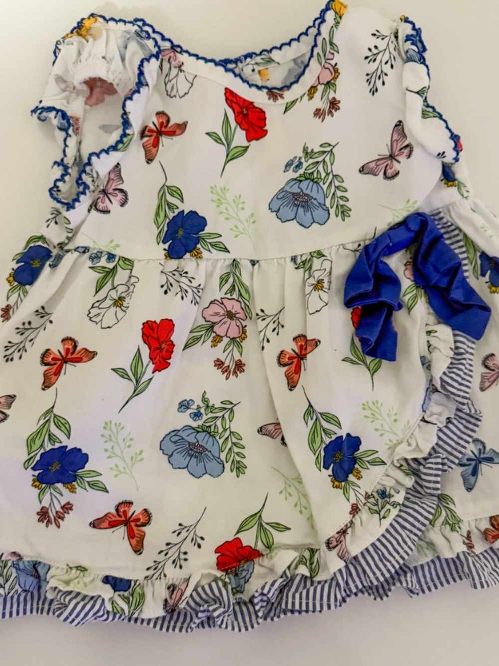 Good lad White Floral & Butterfly Ruffle Toddler peplum with Blue Bow